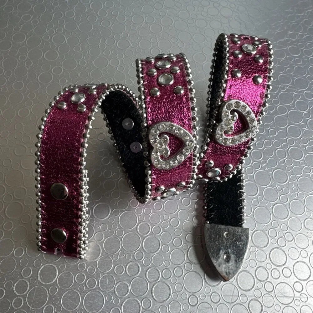 Girls Pink Bling Heart Belt Sz 7 8 M Rhinestone Embellished Strap ONLY No Buckle